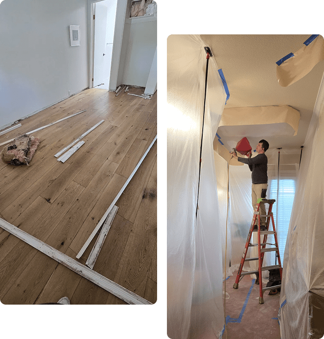 Two images: room with wood flooring, molding pieces scattered; man on ladder applying material to ceiling, room covered in plastic.
