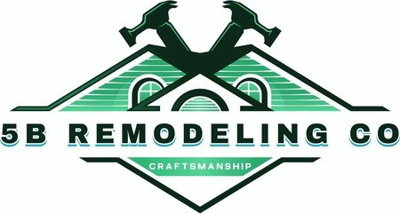 Logo for 5B Remodeling Co., featuring two crossed hammers atop a green house outline, with text