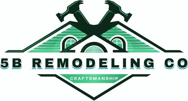 Logo for 5B Remodeling Co., featuring crossed hammers over a stylized house outline, teal and green.