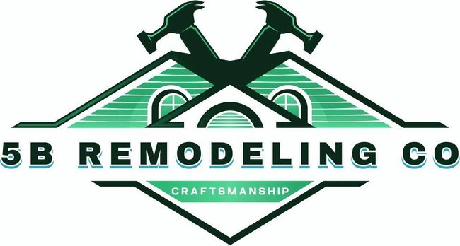 Logo for 5B Remodeling Co. with a green house outline, crossed hammers, and the word
