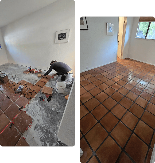 Tiled floor installation: a worker laying terra-cotta tiles, then a completed tiled floor.