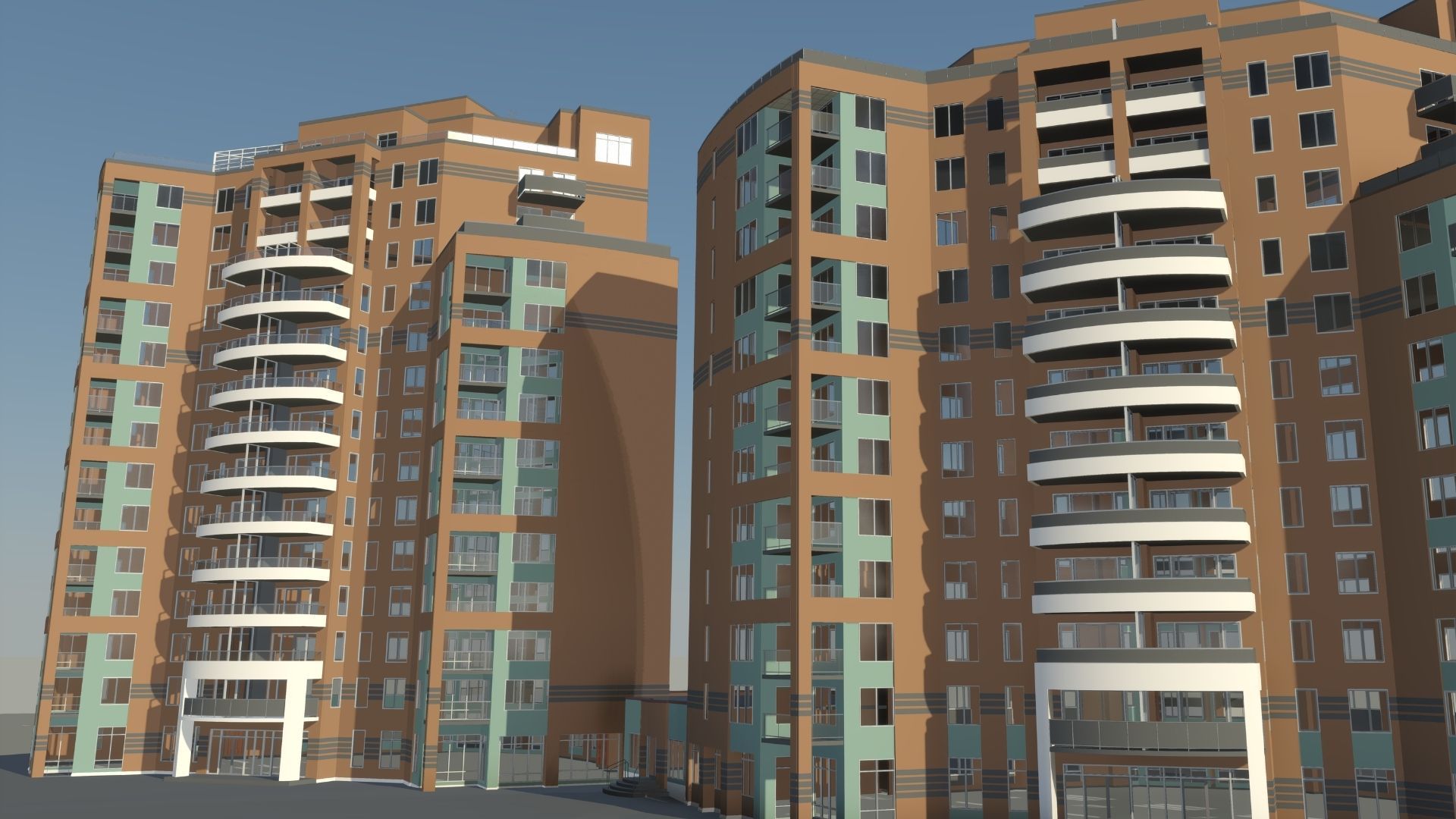 Brick building with white trim, windows, and angled roof, in a sunlit outdoor setting.