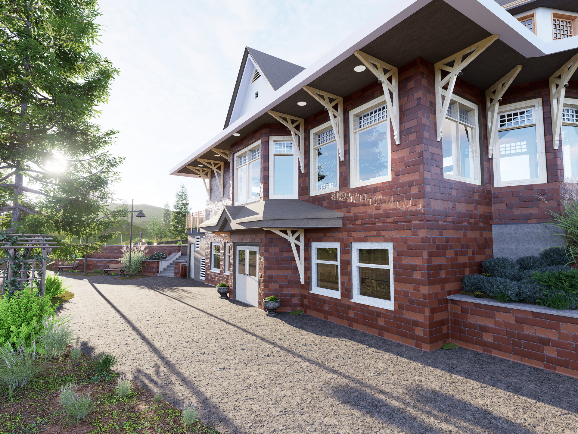 Brick building with white trim, windows, and angled roof, in a sunlit outdoor setting.