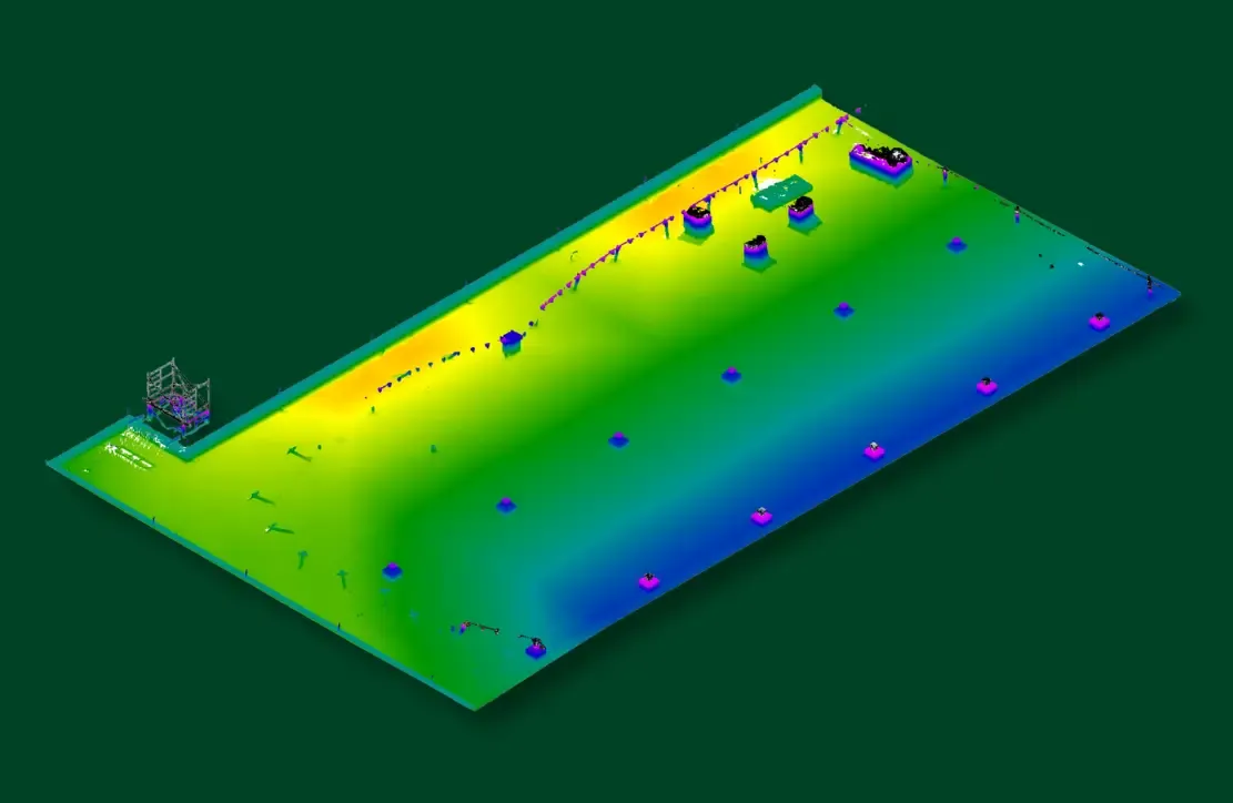 Isometric view of a rectangular, color-coded map showing variations, likely measuring something like density or elevation.