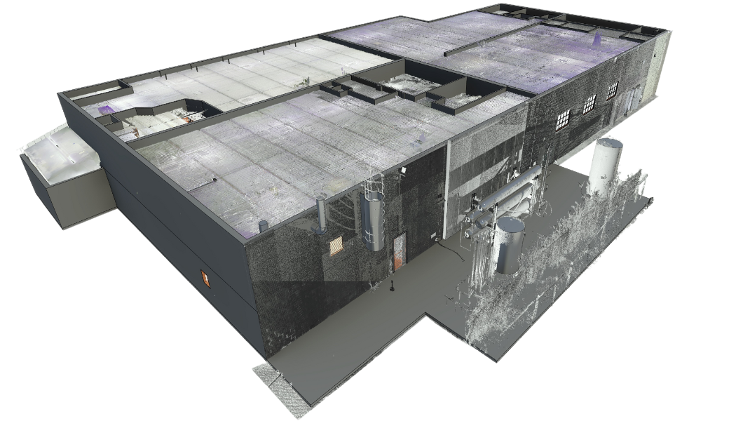 3D rendering of a building with a flat roof. Rendered gray, with variations in texture and lighting.