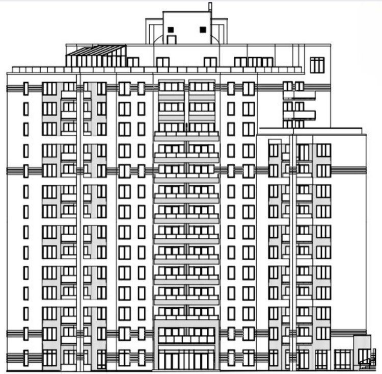 Architectural drawing of a high-rise building with many windows and balconies.