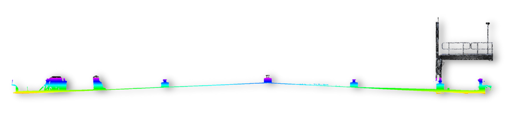 Floor plan with colored elevation data; building with a railing.