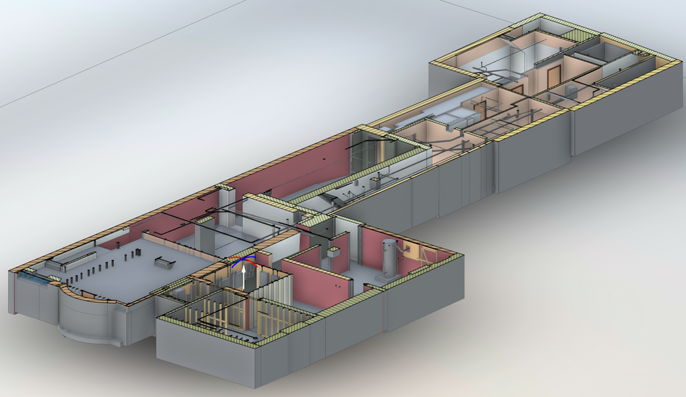 Isometric view of a building's interior, showing rooms, walls, and architectural details in a 3D model.