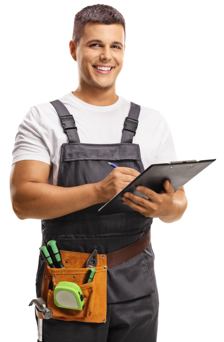 Smiling young repairman with a tool belt writing on a clipboard isolated on white background