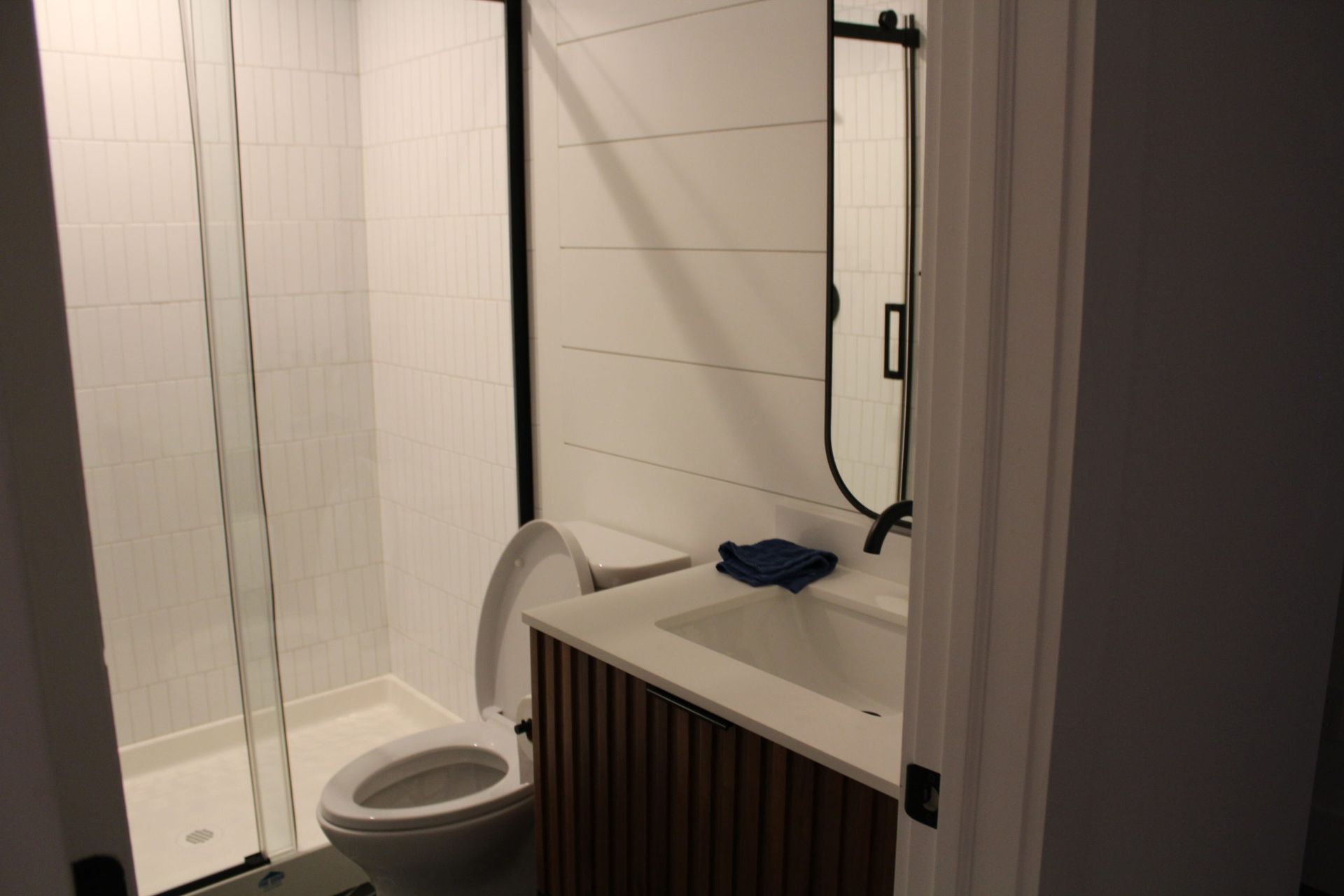 Contemporary bathroom with white shiplap wall, glass shower door, and vanity with dark wood paneling.