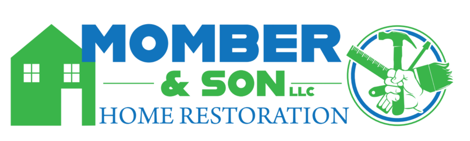 Logo for Momber & Son Home Restoration. Green house icon. Blue text, tools in a circle.