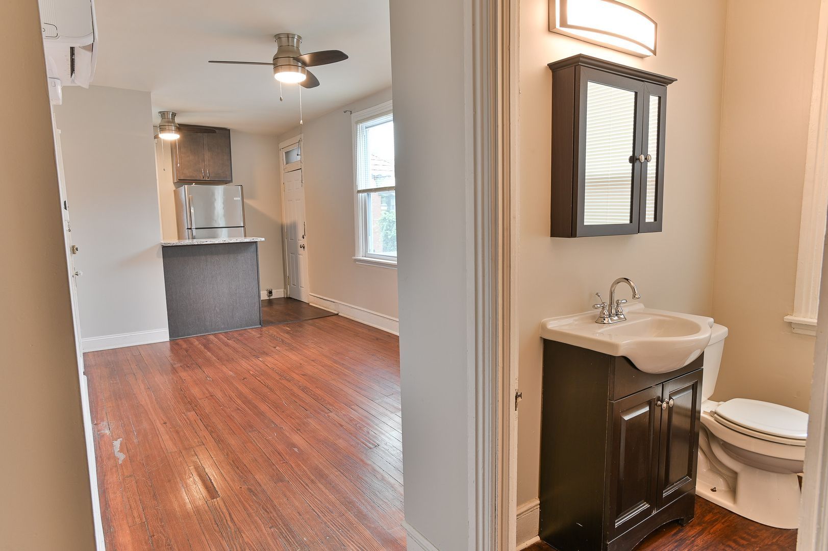 Bathroom doorway leads to a kitchen and living space; hardwood floors, dark vanity and cabinet, white sink and toilet.
