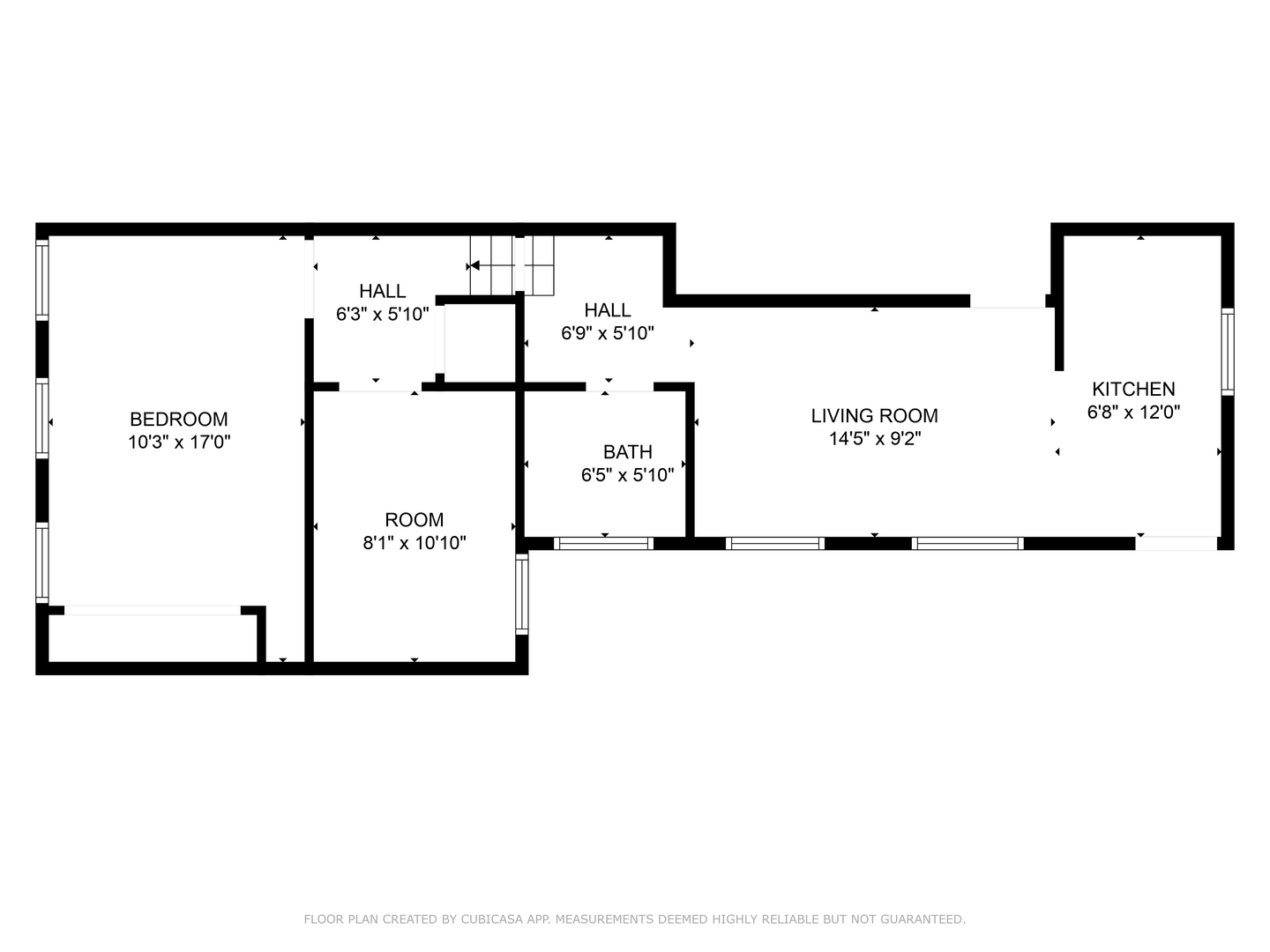 Floor plan of a house with bedroom, bath, hall, living room and kitchen.