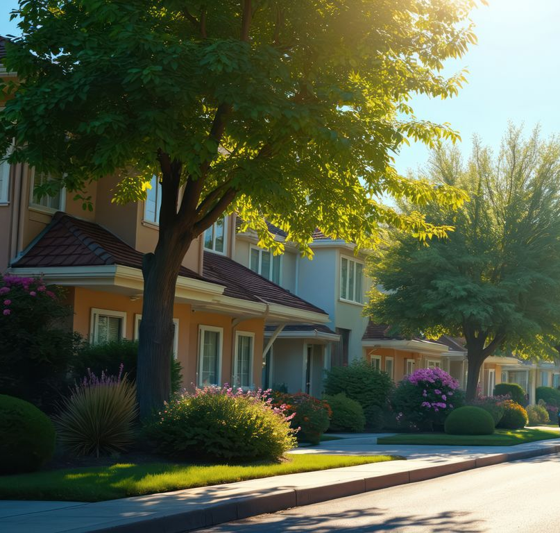 Beige suburban house with palm trees, green lawn, and black mulch in front. Row of townhouses with trees, shrubs, and sunny street.