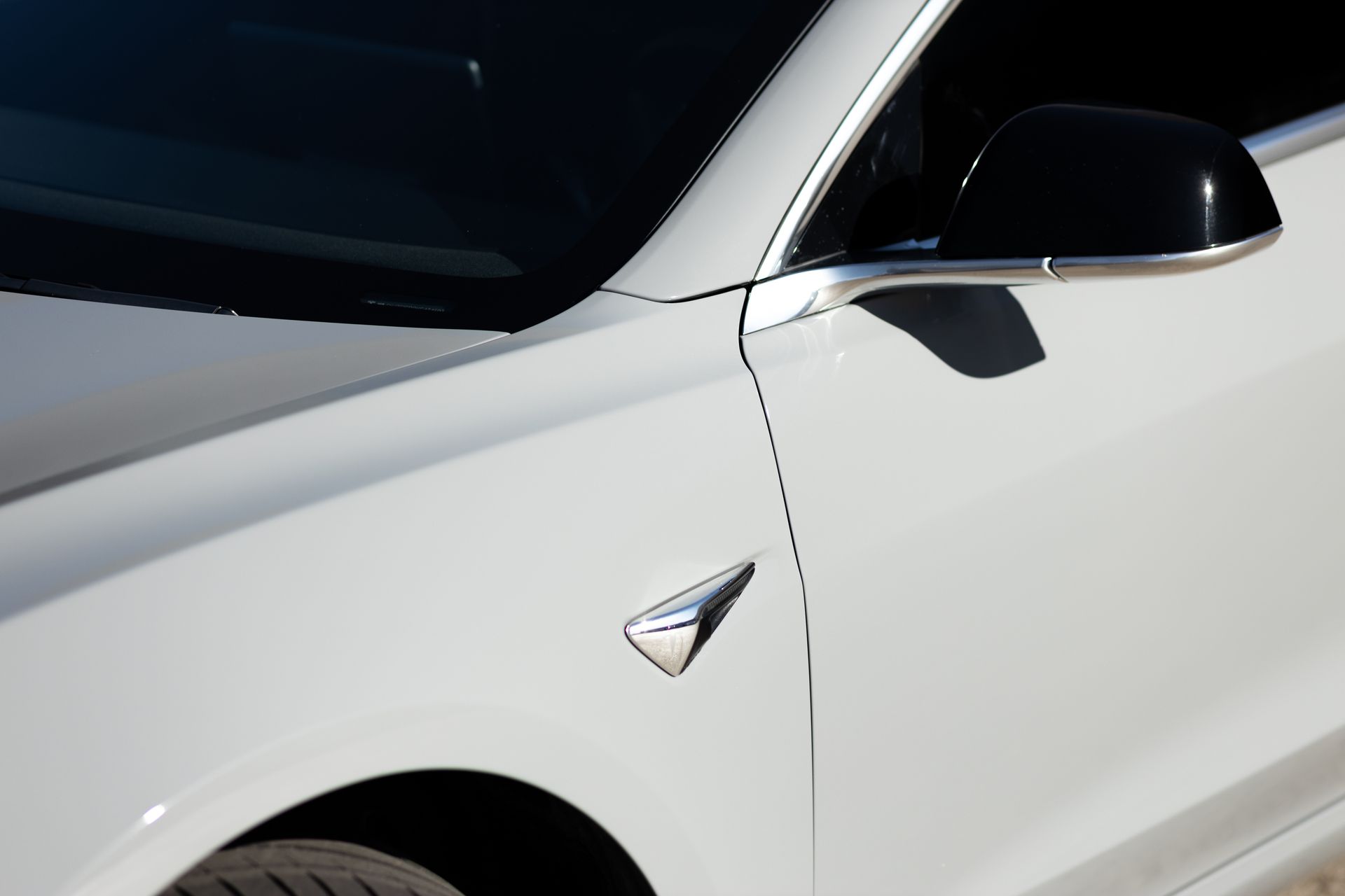 White Tesla car, side view, showing door, side mirror, and Tesla logo.
