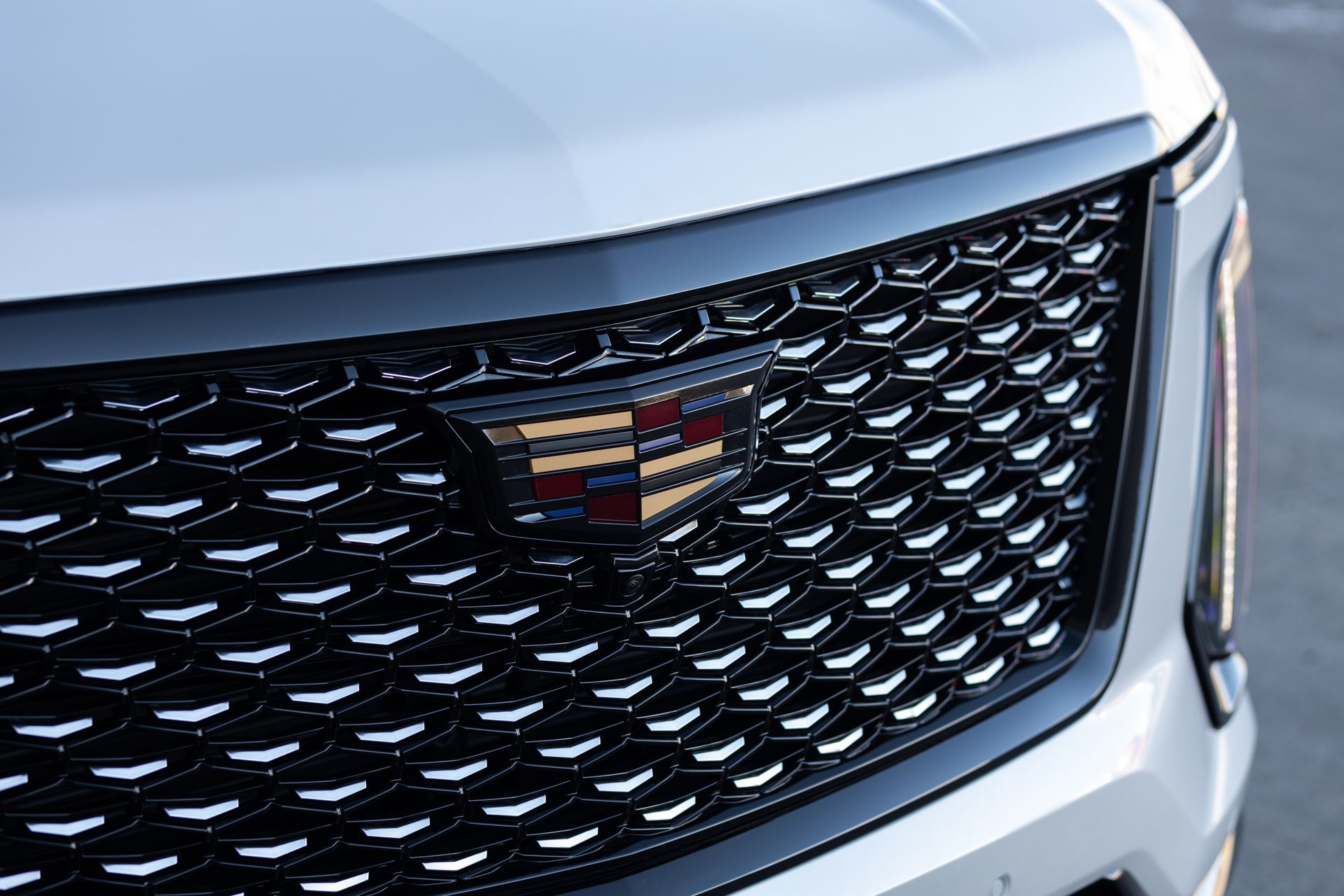 Close-up of a Cadillac grill with the brand's logo. Black and gold emblem on a dark textured grill.