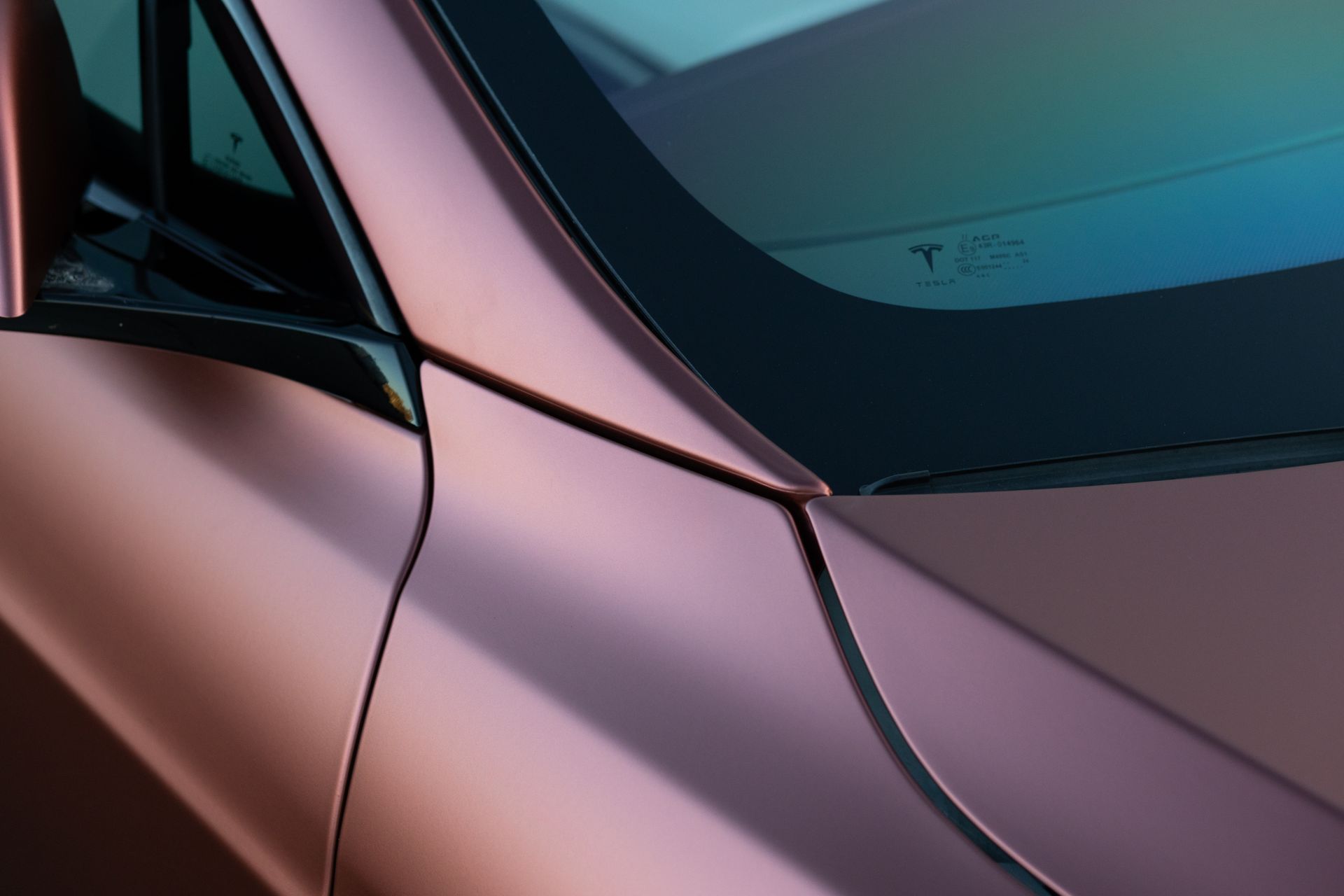Close-up of a rose-gold car's hood, windshield, and side panel; Tesla logo visible.