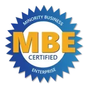 Blue starburst badge with gold “MBE” text and “Minority Business Enterprise Certified” around it