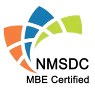 NMSDC MBE Certified logo with multicolored swooshes in orange, blue, green, and lime green
