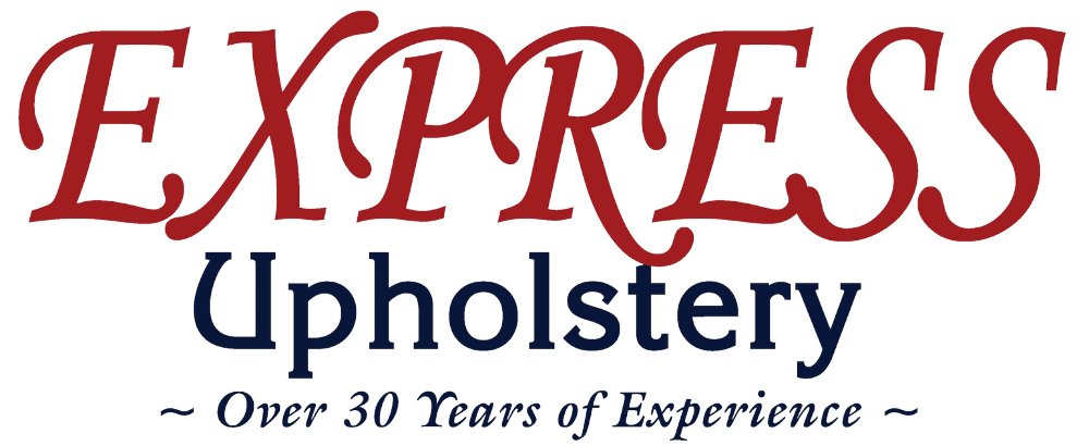 A red and blue logo for express upholstery