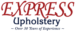 A red and blue logo for express upholstery