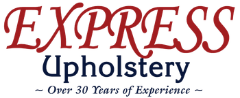 A red and blue logo for express upholstery