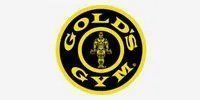 A gold 's gym logo with a man holding a dumbbell in the center.