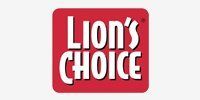 The logo for lion 's choice is a red square on a white background.