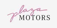 A pink and black logo for plaza motors on a white background.