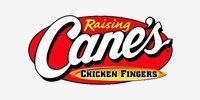 The logo for raising cane 's chicken fingers is red and white.