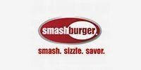 The smash burger logo is red and white and says smash , sizzle , savor.