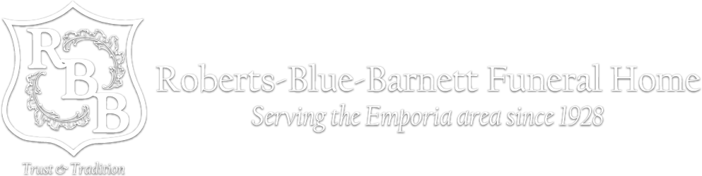 Logo for Roberts-Blue-Barnett Funeral Home, serving the Emporia area since 1928. Shield with "RBB" initials.