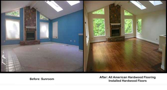 Before and after of a sunroom: blue walls and carpet, transformed with hardwood floors and light walls.