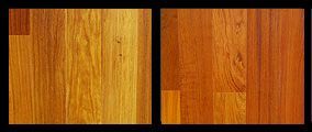 Two hardwood flooring samples, one light golden and the other reddish-brown.