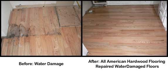 Hardwood floor water damage before and after repair. Before is damaged, after is fixed.