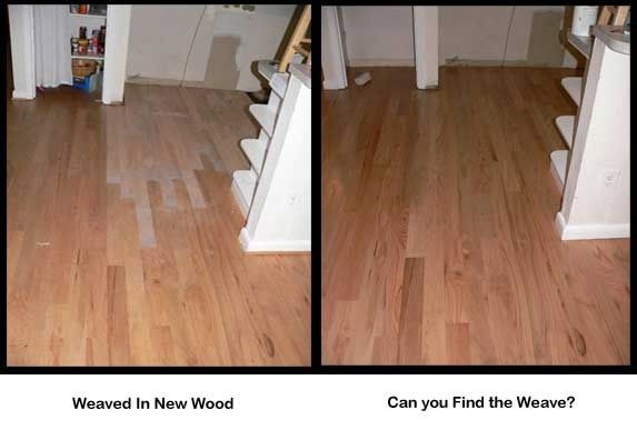 Two side-by-side wood floor images. One shows woven new wood patches, the other has them removed.