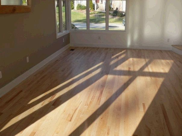 Sunlight casts shadows on hardwood floors in an empty room with neutral walls and a large window.