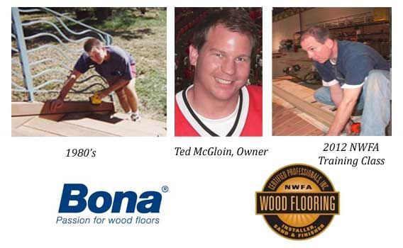 Three images of Ted McGloin: working with wood in the 1980s, a headshot, and in a 2012 training class.
