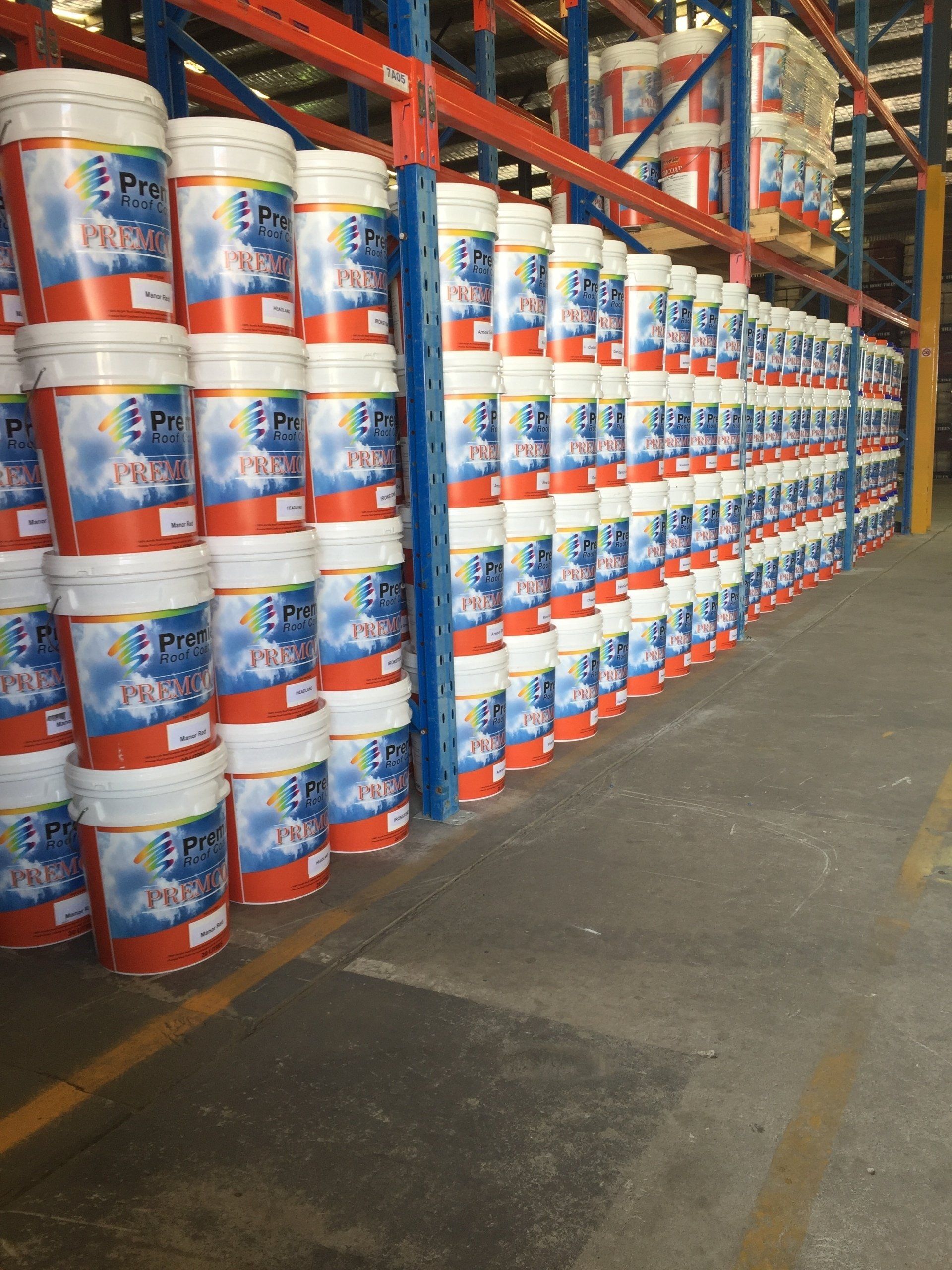premcoat premier roof coatings stacked in warehouse in Central Coast