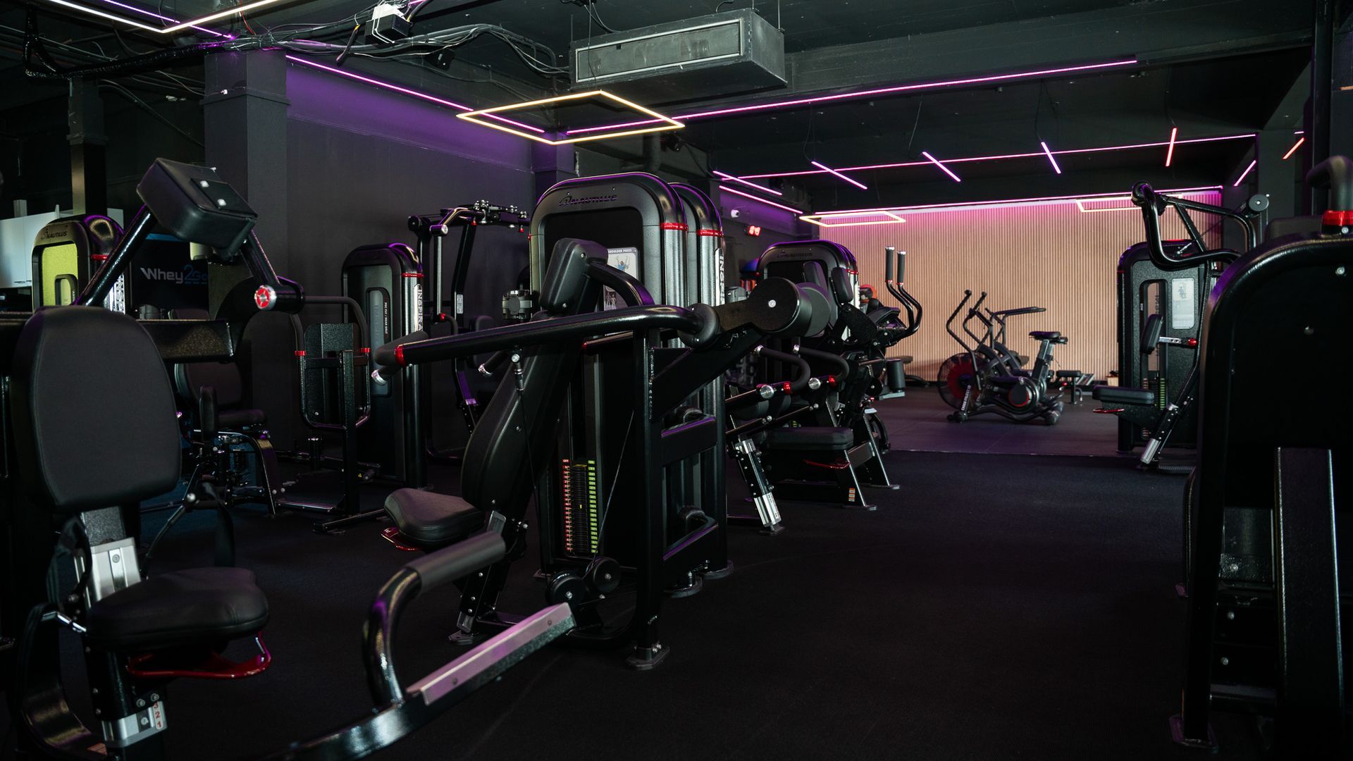 Een sportschool vol met veel fitnessapparatuur en een vrouw op de achtergrond.