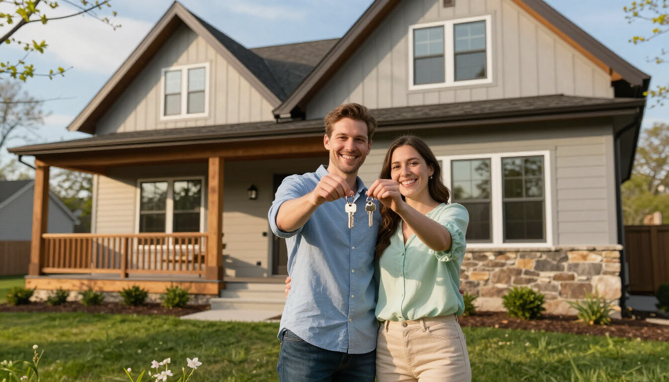 Happy couple in front of a house