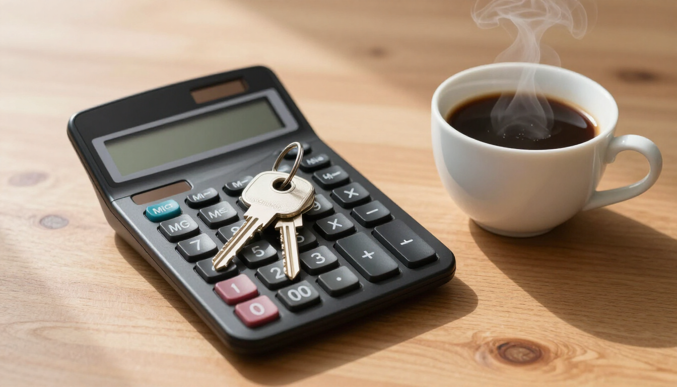 House keys on a calculator and coffee cup representing financial planning for a home.