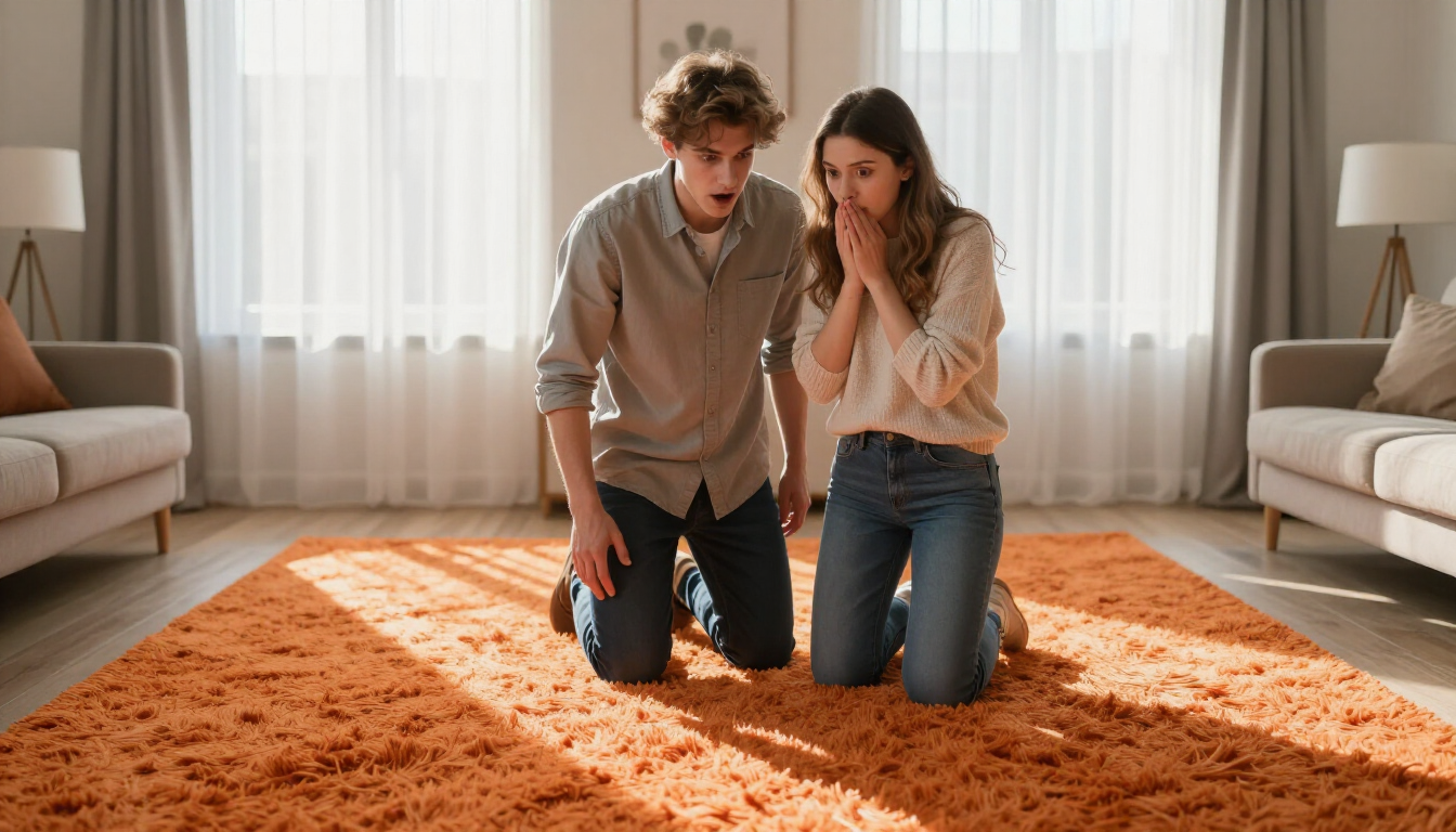 A shocked couple looking at a dated kitchen