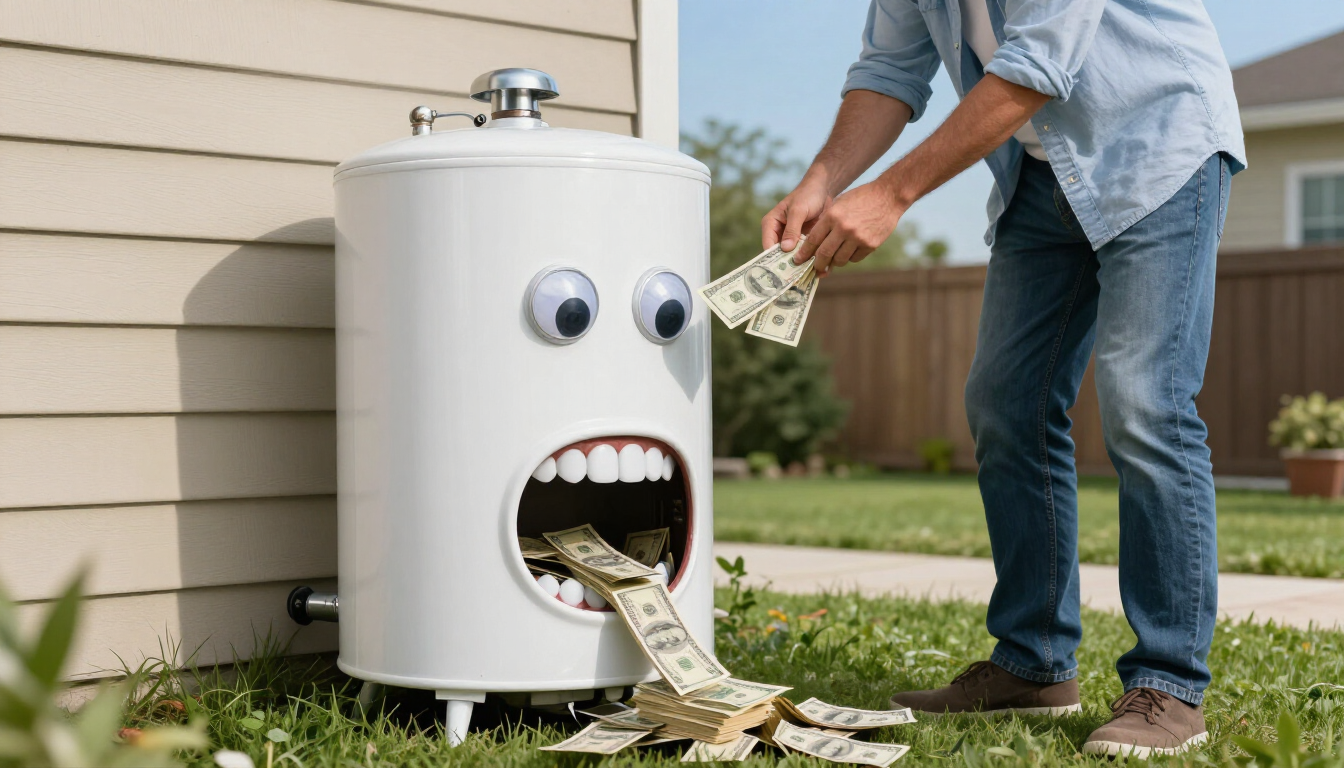 A funny illustration of a house eating money.