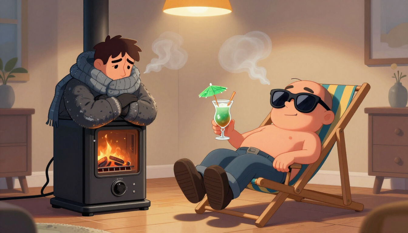 A man trying to stay warm by hugging a giant furnace that is wearing a 'Retired' sash and holding a cocktail