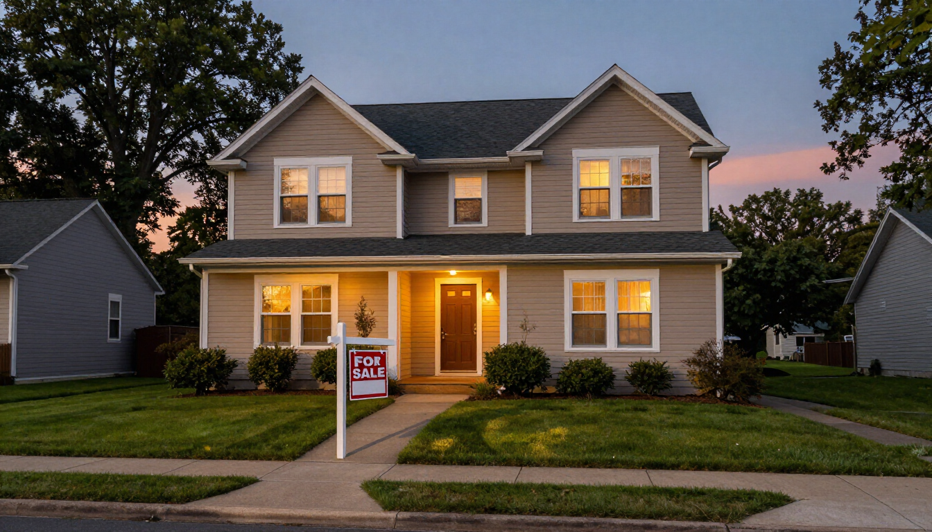 A suburban house with a for sale sign under a warm sunset, representing a listing waiting for the right buyer.