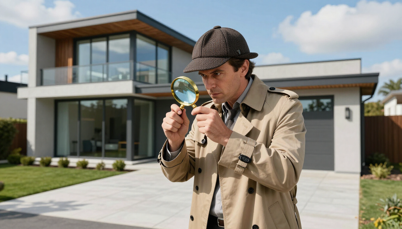 Inspector with magnifying glass looking at house