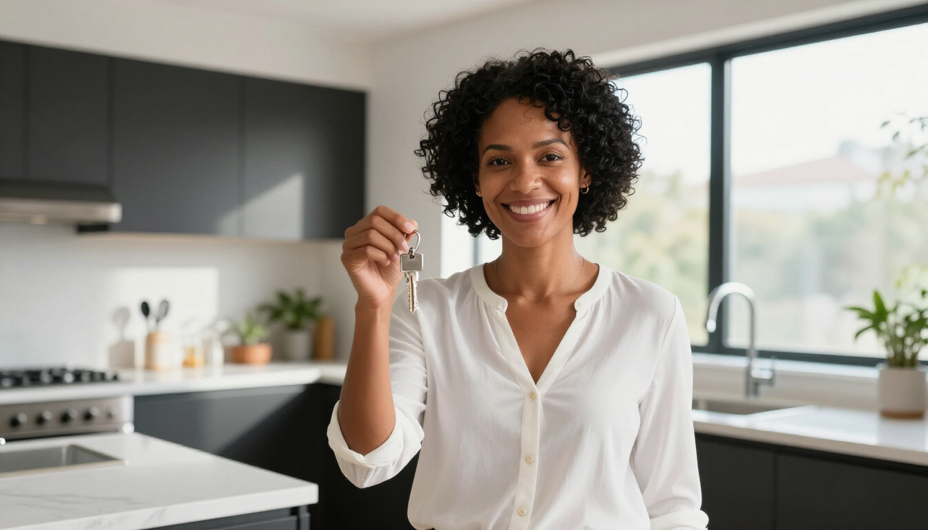 A happy minority female homeowner in her new Northwest Ohio home.