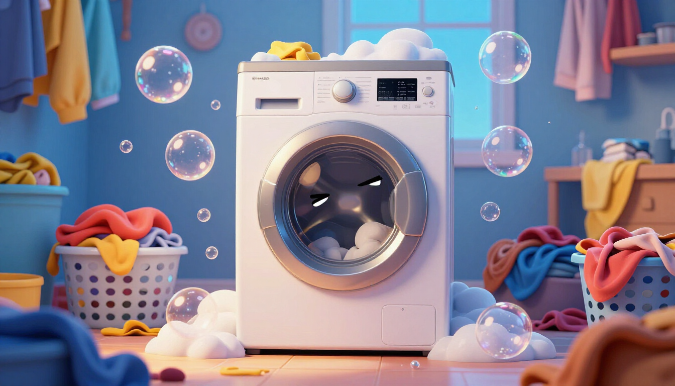 Funny image of an old washing machine with a cartoonish face looking tired
