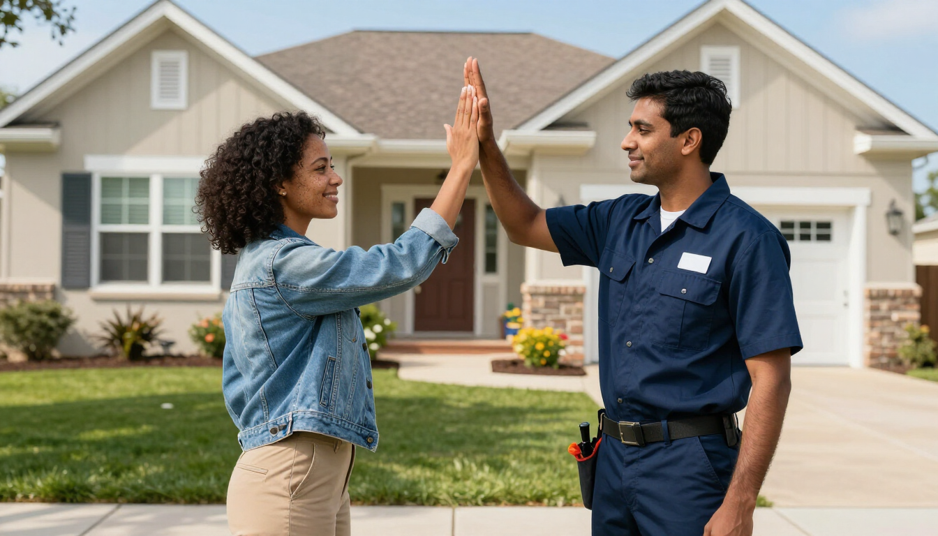 Minority female homeowner giving a high-five to a professional service technician